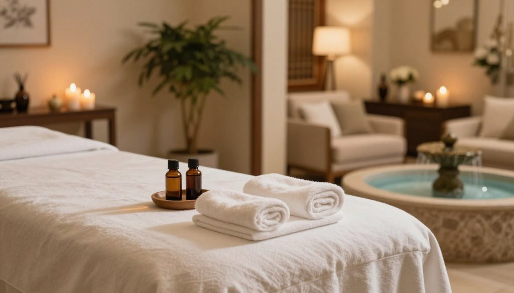 A serene and inviting home spa setting, showcasing a neatly arranged massage table with soft, fluffy towels and aromatherapy oils elegantly displayed. In the background, dim ambient lighting creates a warm and relaxing atmosphere, with candles flickering gently. A beautiful indoor plant adds a touch of nature. In contrast, a luxurious hotel spa environment appears on the opposite side, featuring opulent decor, plush seating, and a tranquil water fountain. Soft, calming colors dominate the scene, enhancing the sense of relaxation and comfort. The scene is captured with a soft-focus lens, creating a dreamy, inviting mood, emphasizing the difference between home and hotel spa experiences without including any human figures. A serene and inviting home spa setting, showcasing a neatly arranged massage table with soft, fluffy towels and aromatherapy oils elegantly displayed. In the background, dim ambient lighting creates a warm and relaxing atmosphere, with candles flickering gently. A beautiful indoor plant adds a touch of nature. In contrast, a luxurious hotel spa environment appears on the opposite side, featuring opulent decor, plush seating, and a tranquil water fountain. Soft, calming colors dominate the scene, enhancing the sense of relaxation and comfort. The scene is captured with a soft-focus lens, creating a dreamy, inviting mood, emphasizing the difference between home and hotel spa experiences without including any human figures.