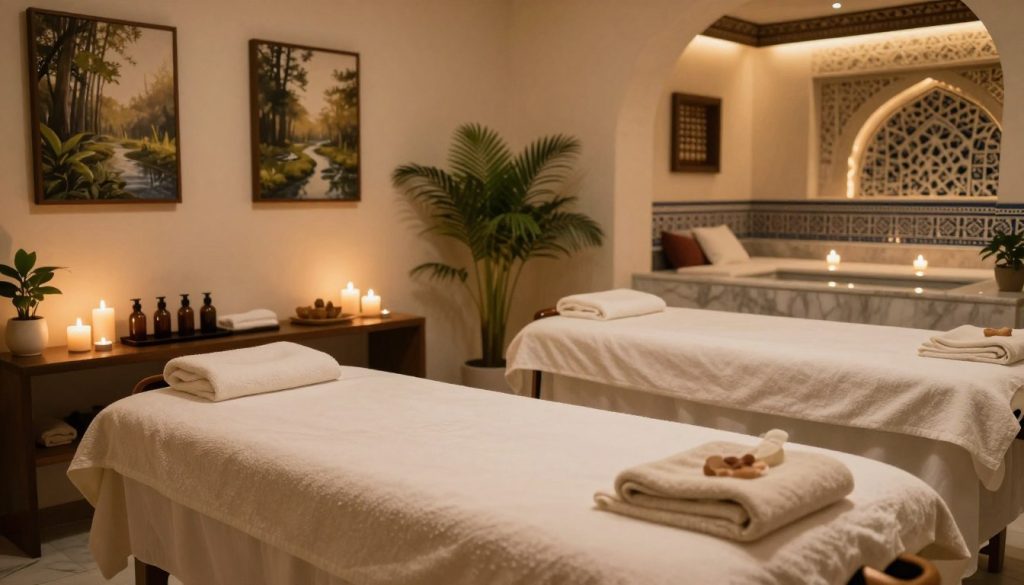 A serene and inviting massage therapy environment, showcasing a luxurious spa setting. In the foreground, a beautifully arranged massage table with soft, plush linens, surrounded by calming candles and fragrant essential oils. The middle section features a tranquil room adorned with potted plants, soft lighting, and relaxing artworks depicting nature scenes. In the background, a glimpse of a traditional Turkish hamam with warm, ambient lighting, smooth marble surfaces, and intricate tile patterns. The overall atmosphere conveys peace and relaxation, inviting viewers to explore the diverse massage options available in Istanbul. The image should have a warm color palette, emphasizing tranquility and wellness. A serene and inviting massage therapy environment, showcasing a luxurious spa setting. In the foreground, a beautifully arranged massage table with soft, plush linens, surrounded by calming candles and fragrant essential oils. The middle section features a tranquil room adorned with potted plants, soft lighting, and relaxing artworks depicting nature scenes. In the background, a glimpse of a traditional Turkish hamam with warm, ambient lighting, smooth marble surfaces, and intricate tile patterns. The overall atmosphere conveys peace and relaxation, inviting viewers to explore the diverse massage options available in Istanbul. The image should have a warm color palette, emphasizing tranquility and wellness.