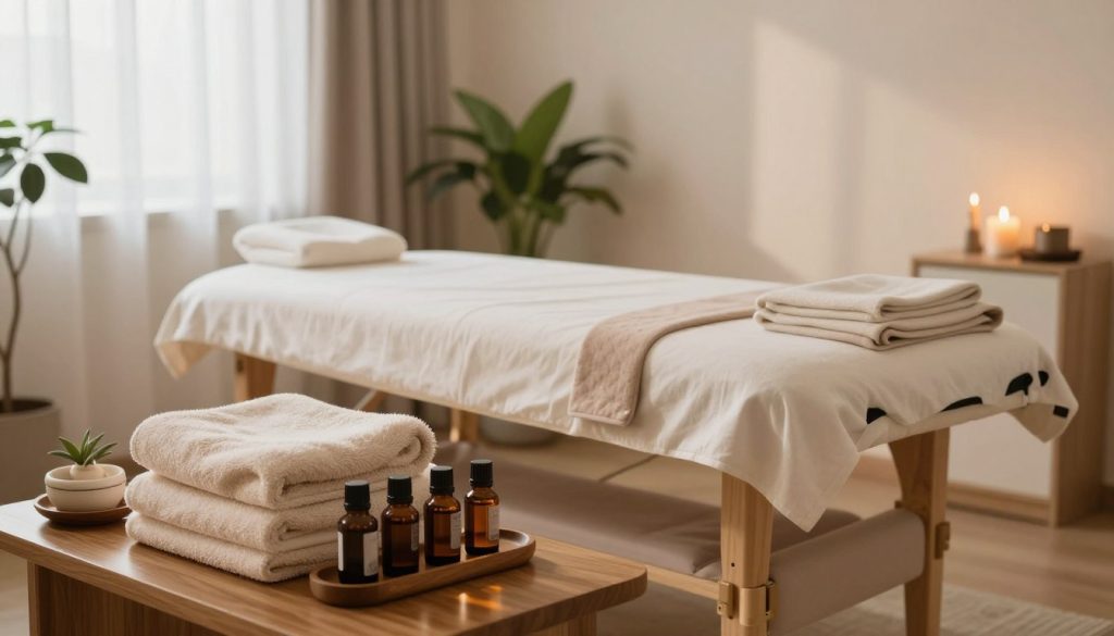 A serene and inviting massage therapy room, emphasizing cleanliness and hygiene. The foreground includes neatly stacked plush towels and essential oils displayed on a polished wooden shelf. In the middle ground, a massage table is impeccably made with fresh linens in soft, soothing colors. Surrounding the table are calming artifacts like plants and candles that radiate warmth, enhancing the tranquil atmosphere. The background features soft, diffused lighting, creating an ambiance of relaxation. The room is organized and minimalist, reflecting professionalism and trust. Natural light filters through sheer curtains, casting gentle shadows, contributing to a peaceful mood that reassures clients of the utmost hygiene and care in the therapeutic environment.