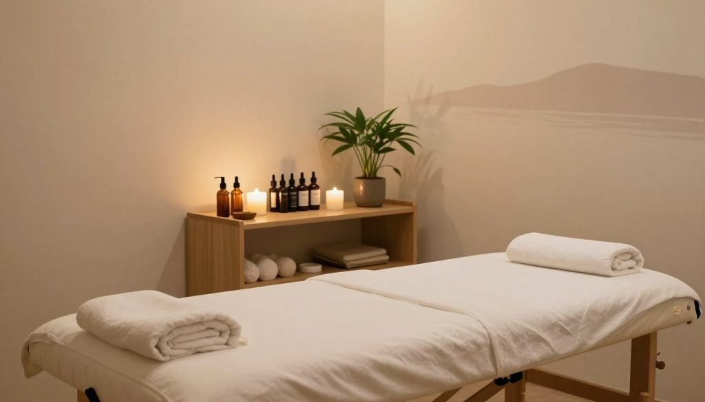 A serene and inviting massage therapy room, featuring a plush massage table in the foreground, surrounded by soft lighting that creates a calming atmosphere. In the middle, a neatly organized shelf displays various massage oils and essentials, alongside plants that add a touch of nature. The background includes a gentle, abstract mural depicting waves or tranquil landscapes to enhance the sense of relaxation. The color palette should consist of soft, earthy tones, and the overall mood is peaceful and professional. The lighting is warm and diffused, evoking comfort and trust, ideal for establishing a therapeutic environment. A serene and inviting massage therapy room, featuring a plush massage table in the foreground, surrounded by soft lighting that creates a calming atmosphere. In the middle, a neatly organized shelf displays various massage oils and essentials, alongside plants that add a touch of nature. The background includes a gentle, abstract mural depicting waves or tranquil landscapes to enhance the sense of relaxation. The color palette should consist of soft, earthy tones, and the overall mood is peaceful and professional. The lighting is warm and diffused, evoking comfort and trust, ideal for establishing a therapeutic environment.