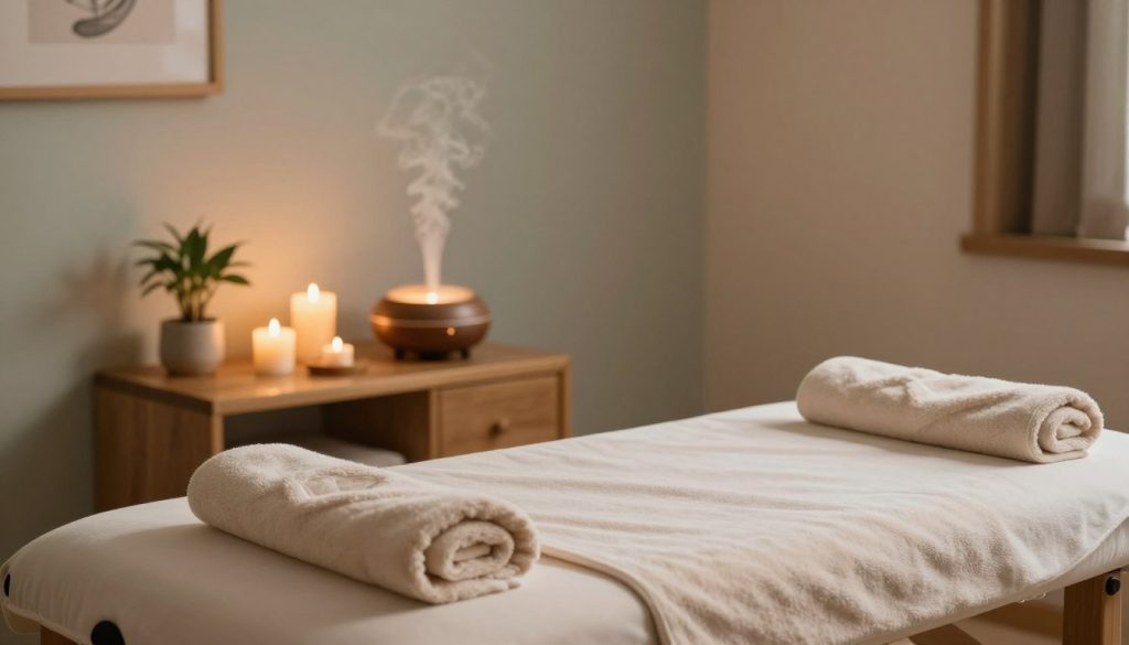 A serene and inviting massage therapy space, featuring a comfortable massage table set in the foreground with soft, fluffy towels neatly arranged. In the middle, a calming aromatherapy diffuser emits a gentle mist, surrounded by relaxing elements like candles and a small indoor plant, creating a tranquil atmosphere. The background showcases a softly lit room with natural wood accents and muted pastel colors on the walls, enhancing the peaceful ambiance. Warm, diffused lighting casts soft shadows, emphasizing relaxation and comfort. The overall mood is soothing and professional, ideal for conveying the benefits of time and money efficiency in massage therapy, without any human presence or text.