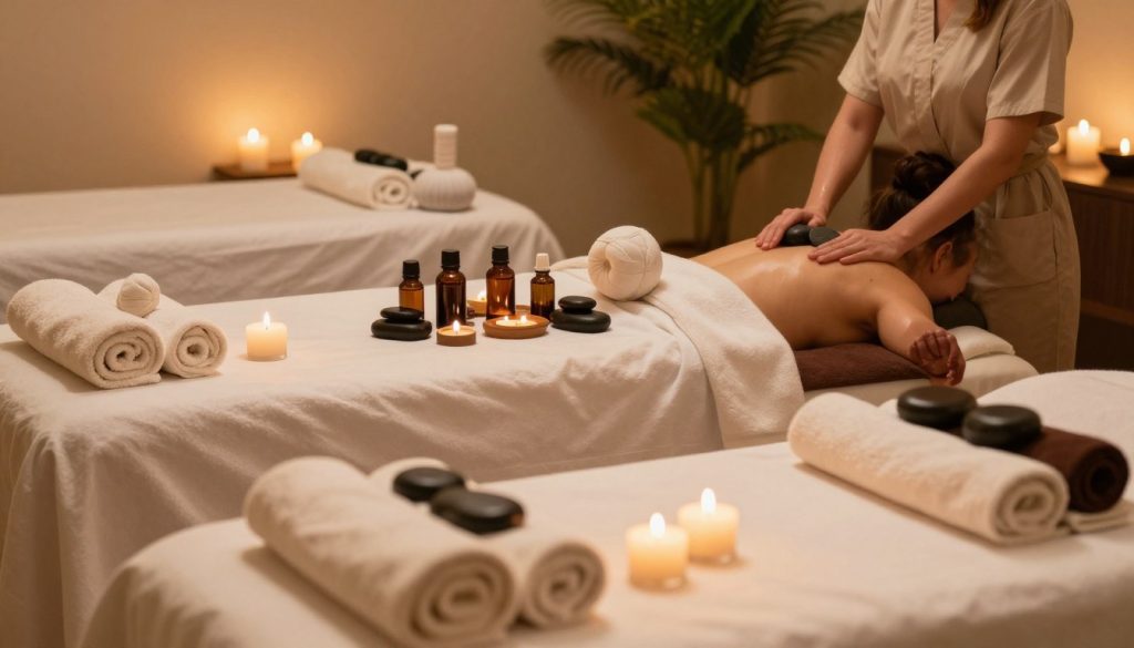A serene and inviting spa environment focusing on various types of massage treatments. In the foreground, display an elegantly arranged massage table with plush towels and aromatic candles, exuding a sense of tranquility. The middle layer features a collection of essential oils and massage stones artfully displayed, showcasing their distinct characteristics for classic, deep tissue, and other massage styles. In the background, a calming atmosphere with softly glowing lights and lush green plants enhances the spa ambiance. The lighting is warm and soft, emphasizing the peaceful mood and inviting nature of the setting. Capture the image from a slightly elevated angle to provide a comprehensive view, creating a harmonious and balanced composition that reflects the diversity of massage types. A serene and inviting spa environment focusing on various types of massage treatments. In the foreground, display an elegantly arranged massage table with plush towels and aromatic candles, exuding a sense of tranquility. The middle layer features a collection of essential oils and massage stones artfully displayed, showcasing their distinct characteristics for classic, deep tissue, and other massage styles. In the background, a calming atmosphere with softly glowing lights and lush green plants enhances the spa ambiance. The lighting is warm and soft, emphasizing the peaceful mood and inviting nature of the setting. Capture the image from a slightly elevated angle to provide a comprehensive view, creating a harmonious and balanced composition that reflects the diversity of massage types.