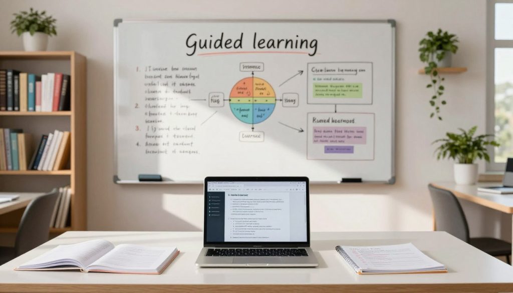 A serene and organized learning environment showcasing the concept of "guided learning" in a visually striking manner. In the foreground, a modern desk with an open laptop displaying educational content and a well-structured study guide. The middle ground features a large, clear whiteboard filled with neatly written notes and colorful diagrams illustrating key concepts. Background elements include shelves lined with neatly arranged books and plants, creating a sense of calm and focus. Soft, natural lighting streams in from a window, casting gentle shadows and highlighting the organized chaos of learning. The atmosphere is one of concentration and productivity, embodying clarity and structure in education.