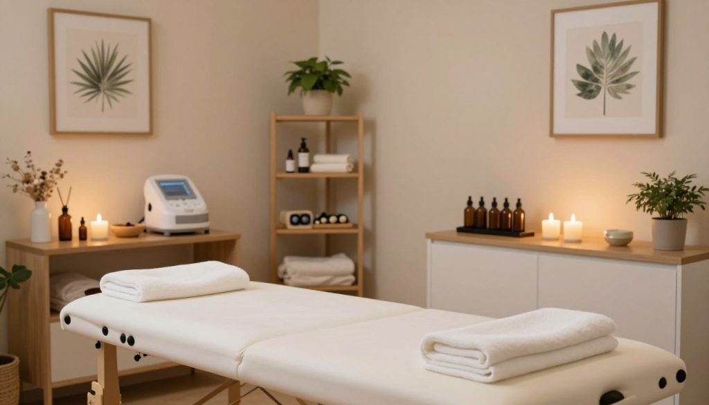 A serene and professional clinical massage environment, featuring a well-organized treatment room. In the foreground, a clean, adjustable massage table with plush towels neatly arranged, surrounded by calming essential oils and natural decor. In the middle, there are shelves filled with medical equipment, holistic therapy tools, and soft, ambient lighting that creates a warm, inviting atmosphere. The background includes soothing wall colors, framed nature artwork, and plants that enhance the tranquility of the space. The lighting should be soft and diffused, capturing the essence of a peaceful medical approach. The overall mood is calm and focused, emphasizing the therapeutic and structured environment of clinical massage therapy. A serene and professional clinical massage environment, featuring a well-organized treatment room. In the foreground, a clean, adjustable massage table with plush towels neatly arranged, surrounded by calming essential oils and natural decor. In the middle, there are shelves filled with medical equipment, holistic therapy tools, and soft, ambient lighting that creates a warm, inviting atmosphere. The background includes soothing wall colors, framed nature artwork, and plants that enhance the tranquility of the space. The lighting should be soft and diffused, capturing the essence of a peaceful medical approach. The overall mood is calm and focused, emphasizing the therapeutic and structured environment of clinical massage therapy.