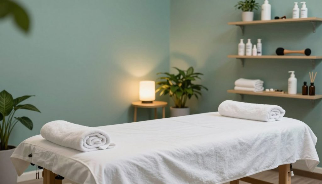 A serene and professional massage therapy environment focused on hygiene and safety. In the foreground, a neatly arranged massage table covered with a fresh, white linen sheet. A set of clean towels and aromatherapy oils are placed beside the table. In the middle, a soft ambient light illuminates the room, highlighting a soothing color palette of greens and blues. Elegant plants and essential oil diffusers are strategically positioned to enhance the calming atmosphere. The background features shelves stocked with professional massage tools and hygiene products, emphasizing cleanliness. The overall mood is tranquil and inviting, perfect for a spa or clinic setting, showcasing an ideal environment for massage therapy. No humans are present in the image. A serene and professional massage therapy environment focused on hygiene and safety. In the foreground, a neatly arranged massage table covered with a fresh, white linen sheet. A set of clean towels and aromatherapy oils are placed beside the table. In the middle, a soft ambient light illuminates the room, highlighting a soothing color palette of greens and blues. Elegant plants and essential oil diffusers are strategically positioned to enhance the calming atmosphere. The background features shelves stocked with professional massage tools and hygiene products, emphasizing cleanliness. The overall mood is tranquil and inviting, perfect for a spa or clinic setting, showcasing an ideal environment for massage therapy. No humans are present in the image.