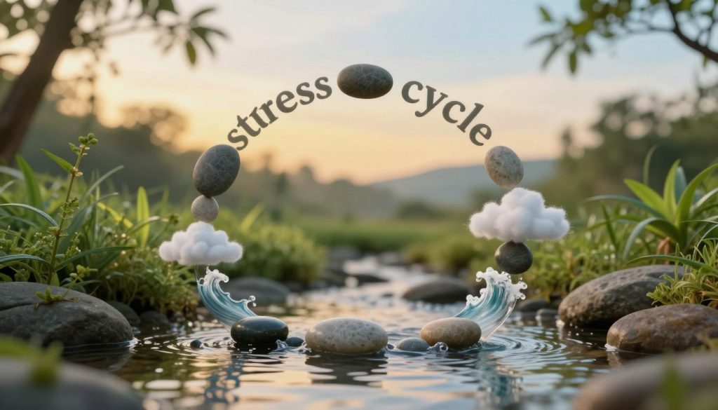 A serene and tranquil scene depicting a "stress cycle" concept, visualized as a flowing circular pattern that intertwines calming elements like smooth stones, delicate waves, and soft clouds. In the foreground, a gentle stream of water creates a reflective surface showing the cycle. The middle ground features lush green plants that symbolize growth and rejuvenation, lightly illuminated by soft, natural sunlight filtering through the trees. In the background, a peaceful, gradient sky transitions from warm yellows to soft blues, evoking a sense of calm and introspection. The overall atmosphere is one of relaxation and mindfulness, representing the positive effects of massage on the body and mind, encouraging realistic expectations. The image should be soft-focused, capturing the essence of peace without any human figures or text overlays.