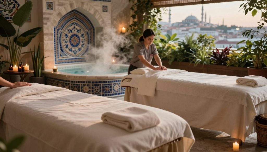 A serene and tranquil spa setting in Istanbul, showcasing various types of massage experiences. In the foreground, display elegant massage tables adorned with soft fabrics, essential oils, and candlelight, creating an inviting atmosphere. In the middle ground, a beautifully designed Turkish bath, featuring intricate mosaics and steam, representing traditional hammam therapy. In the background, lush greenery with subtle hints of the Istanbul skyline, softly blurred, captures the city's essence. The lighting is warm and soothing, casting gentle shadows that enhance the calming mood. The overall atmosphere is peaceful and luxurious, inviting viewers to explore the diverse massage therapies offered in Istanbul, reflecting the tranquility and professionalism of the experience.