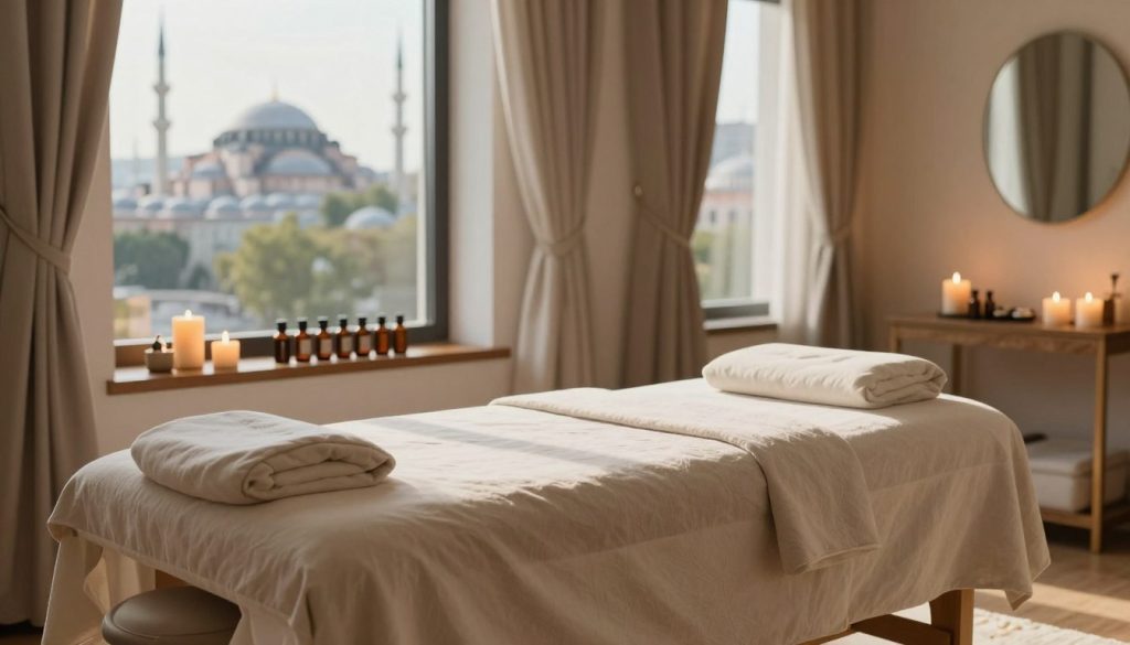 A serene, calming scene depicting a cozy, well-lit massage therapy room in Istanbul. The foreground features a luxurious massage table adorned with plush, neutral-toned linens, surrounded by soothing candles and essential oils neatly arranged on a wooden shelf. In the middle ground, large windows allow soft, natural light to filter in, casting gentle shadows and enhancing the peaceful ambience. The background showcases a traditional Istanbul skyline through the windows, including iconic domes and minarets, subtly blurred to maintain focus on the massage space. A warm color palette of beige, cream, and soft greens evokes relaxation and tranquility, making it an ideal illustration for a massage guide.
