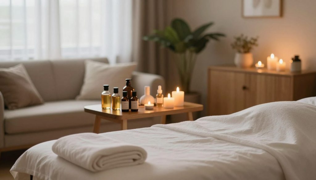A serene home massage routine scene, emphasizing a tranquil atmosphere and comfort. In the foreground, a soft massage table draped with a cozy white sheet, surrounded by soothing candles flickering gently. The middle layer features a well-organized selection of massage oils and essential oils, artfully arranged on a small wooden side table, reflecting a natural aesthetic. In the background, a peaceful living room setting with plants softly illuminated by warm, diffused lighting filtering through sheer curtains. The overall mood is calming and inviting, promoting relaxation and self-care, with a focus on easily accessible home wellness practices. The image should have a soft focus, evoking a sense of tranquility and rejuvenation.