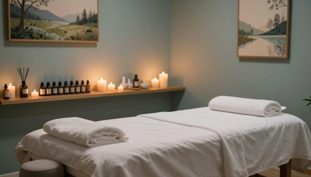 A serene massage room designed for relaxation, featuring soft ambient lighting that creates a warm and inviting atmosphere. In the foreground, a neatly made massage table with plush linens, surrounded by calming essential oil diffusers. In the middle ground, shelves lined with neatly organized massage oils and soothing candles, casting gentle flickering shadows. In the background, peaceful artwork depicting nature and tranquility. The scene should convey a sense of cleanliness and privacy, with soundproofed walls ensuring a quiet space, while soft colors like muted blues and greens enhance the calm mood. Capture the feeling of safety and comfort, evoking a peaceful escape from daily stress, using a soft focus lens and warm color tones. A serene massage room designed for relaxation, featuring soft ambient lighting that creates a warm and inviting atmosphere. In the foreground, a neatly made massage table with plush linens, surrounded by calming essential oil diffusers. In the middle ground, shelves lined with neatly organized massage oils and soothing candles, casting gentle flickering shadows. In the background, peaceful artwork depicting nature and tranquility. The scene should convey a sense of cleanliness and privacy, with soundproofed walls ensuring a quiet space, while soft colors like muted blues and greens enhance the calm mood. Capture the feeling of safety and comfort, evoking a peaceful escape from daily stress, using a soft focus lens and warm color tones.