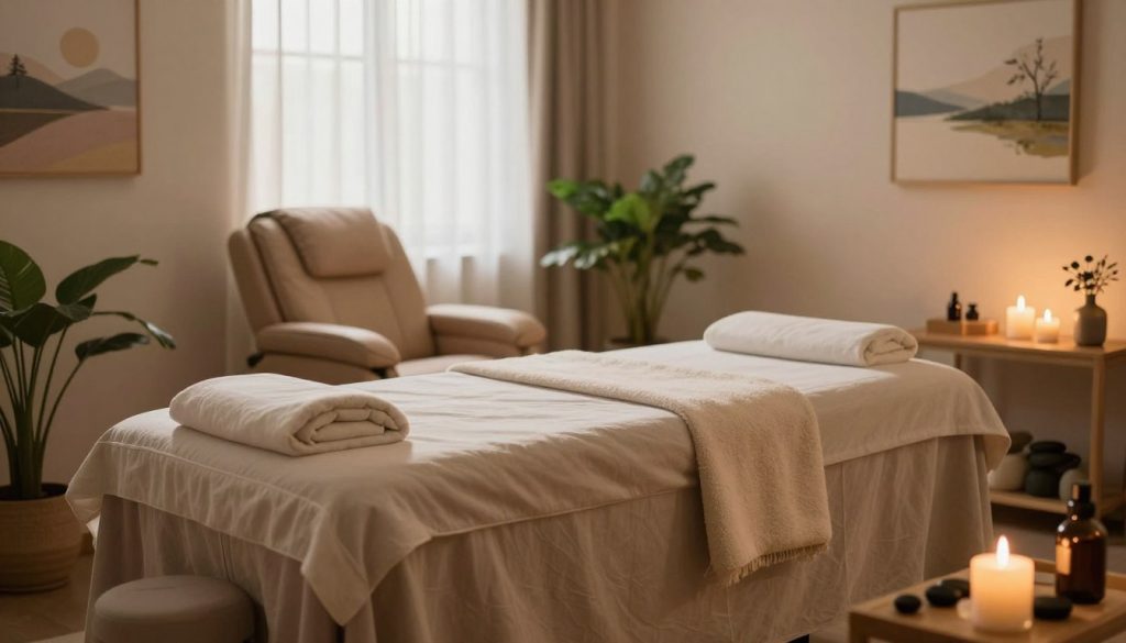 A serene massage therapy room, featuring a comfortable treatment table draped in soft, neutral-colored linens. On one side, an inviting massage chair with a cozy throw blanket, surrounded by calming plants in pots, creating a peaceful atmosphere. In the foreground, a blurred selection of massage oils and stones on a wooden shelf, softly lit by warm, ambient lighting. The walls are adorned with soothing artwork, depicting gentle landscapes that evoke feelings of relaxation. A large window in the background allows soft, natural light to filter through sheer curtains, casting gentle shadows that enhance the tranquil mood. The overall scene conveys a sense of professional comfort, but hints at the subtle signs of disconnection, inviting contemplation about the perfect therapist-client match. A serene massage therapy room, featuring a comfortable treatment table draped in soft, neutral-colored linens. On one side, an inviting massage chair with a cozy throw blanket, surrounded by calming plants in pots, creating a peaceful atmosphere. In the foreground, a blurred selection of massage oils and stones on a wooden shelf, softly lit by warm, ambient lighting. The walls are adorned with soothing artwork, depicting gentle landscapes that evoke feelings of relaxation. A large window in the background allows soft, natural light to filter through sheer curtains, casting gentle shadows that enhance the tranquil mood. The overall scene conveys a sense of professional comfort, but hints at the subtle signs of disconnection, inviting contemplation about the perfect therapist-client match.