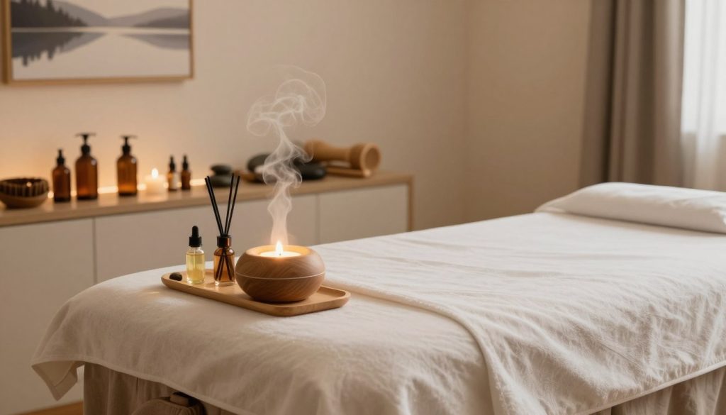 A serene professional massage room featuring a plush massage table draped with soft, clean linens. In the foreground, a calming essential oil diffuser emits gentle wisps of steam, surrounded by neatly arranged massage oils in elegant glass bottles. The middle ground showcases a well-organized shelf filled with massage tools, including wooden massage sticks and smooth stones. The background displays soothing wall art of peaceful landscapes, complemented by soft, ambient lighting that casts a warm glow throughout the space. A subtle, inviting color palette of earth tones enhances the atmosphere, creating a tranquil and relaxing setting ideal for a professional massage experience. The scene evokes feelings of calm and relaxation, perfect for illustrating the criteria for choosing a professional massage service.