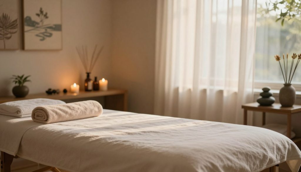 A serene spa environment featuring a massage table in the foreground, equipped with soft, plush towels, essential oils, and calming candles. In the middle ground, a tranquil atmosphere is created with soothing colors and a gentle light source, suggesting warm sunlight filtering through sheer curtains. Aromatic plants and decorative stones are arranged harmoniously around the room, enhancing the sense of relaxation. In the background, soft, relaxing artwork depicting nature evokes a sense of peace and serenity, ideal for a massage setting. The overall lighting is soft and ambient, with a warm glow that invites relaxation. The mood should feel calm and rejuvenating, emphasizing the concept of muscle tension relief and self-care. No humans are present, ensuring a focus on the surroundings and ambiance.