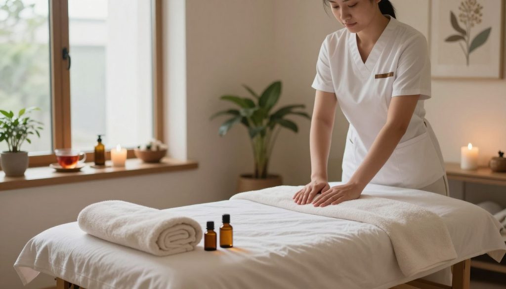 A serene spa environment featuring a professional massage therapy setup. In the foreground, a neatly arranged massage table adorned with soft, fluffy towels and aromatic massage oils. The middle ground showcases soothing elements like a lit candle, herbal tea, and natural plants that enhance relaxation. In the background, large windows allow gentle natural light to fill the room, complemented by soft, neutral-colored walls and calming artwork. The overall atmosphere is tranquil and inviting, designed to evoke a sense of peace and rejuvenation, ideal for Istanbul's preferred massage and spa therapies. The scene emphasizes comfort, professionalism, and the essence of holistic wellness without any human figures present.