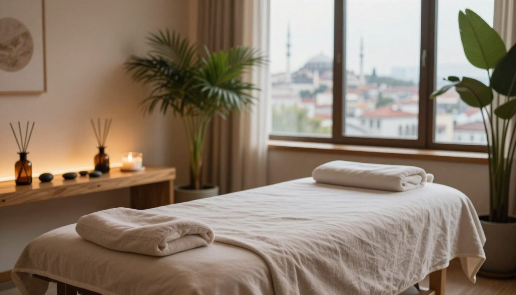 A serene spa environment set in Istanbul, showcasing a tranquil massage therapy room. In the foreground, an elegantly arranged massage table with soft, neutral-toned linens. Surrounding the table are calming elements like essential oil diffusers, smooth stones, and lush green plants, which enhance the peaceful ambiance. In the middle ground, gentle lighting creates a warm glow, highlighting the smooth wooden surfaces and inviting decor. The background features large windows that allow natural light to filter in, with a scenic view of Istanbul's skyline, hinting at the city's beauty. The overall mood is relaxing and rejuvenating, embodying a sense of well-being and pampering. The image is framed with a soft focus to emphasize tranquility.