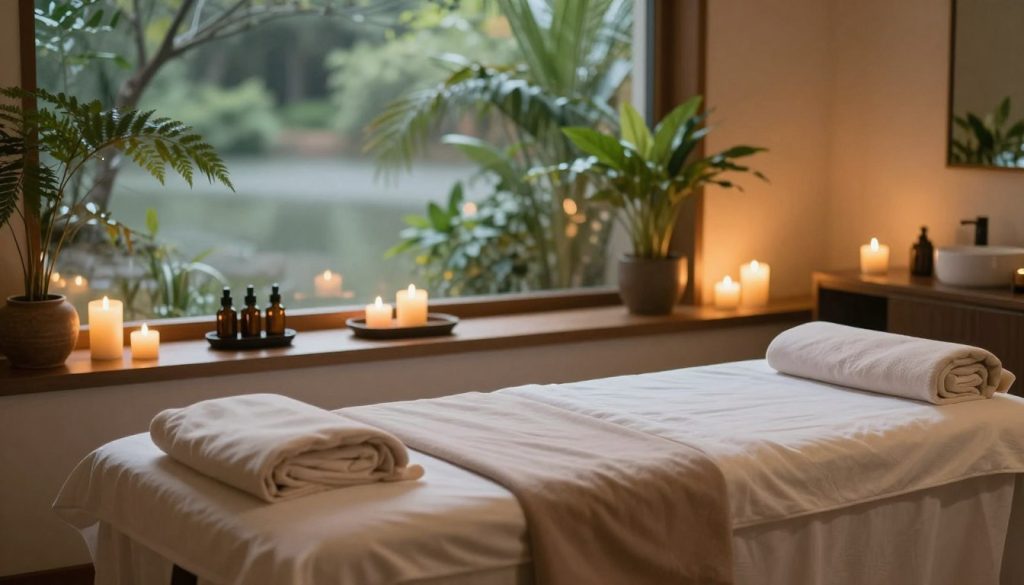 A serene spa environment showcasing a massage therapy room designed for relaxation and stress relief. In the foreground, there’s a beautifully arranged massage table draped in soft, calming fabrics with neutral tones. The middle layer features soothing elements like aromatic candles, essential oil diffusers, and lush green plants softly illuminated by warm, ambient lighting, creating a tranquil atmosphere. In the background, large windows reveal a peaceful nature scene, perhaps with flowing water or gentle trees, enhancing the sense of calm. The overall mood is peaceful and inviting, emphasizing the importance of self-awareness in choosing the right type of massage therapy. The lighting is soft with a warm glow to enhance feelings of relaxation and comfort. A serene spa environment showcasing a massage therapy room designed for relaxation and stress relief. In the foreground, there’s a beautifully arranged massage table draped in soft, calming fabrics with neutral tones. The middle layer features soothing elements like aromatic candles, essential oil diffusers, and lush green plants softly illuminated by warm, ambient lighting, creating a tranquil atmosphere. In the background, large windows reveal a peaceful nature scene, perhaps with flowing water or gentle trees, enhancing the sense of calm. The overall mood is peaceful and inviting, emphasizing the importance of self-awareness in choosing the right type of massage therapy. The lighting is soft with a warm glow to enhance feelings of relaxation and comfort.