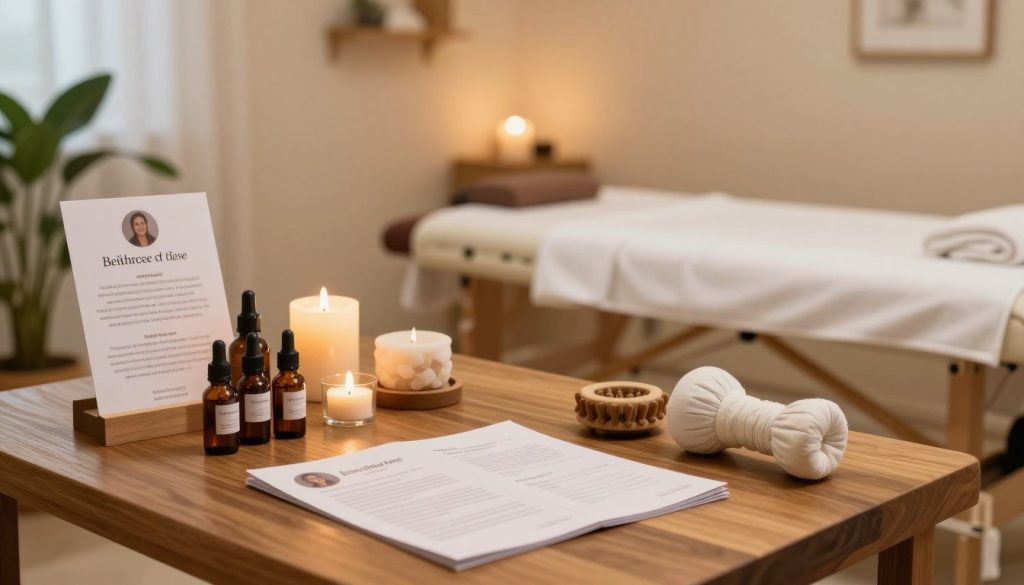 A serene wellness consultation scene featuring various massage oils, scented candles, and massage tools arranged aesthetically on a wooden table. In the foreground, an elegant display of massage therapy brochures highlighting important details, like qualifications, specialties, and client testimonials. The middle ground showcases a neatly organized, calming massage therapy room with soft, warm lighting creating a peaceful atmosphere. Decor includes natural elements such as indoor plants and soothing colors on the walls. In the background, a comfortable massage table covered with a clean, white sheet, emphasizing cleanliness and professionalism. The overall mood is tranquil and inviting, reflecting the critical considerations one should take when assessing a massage therapist's profile.