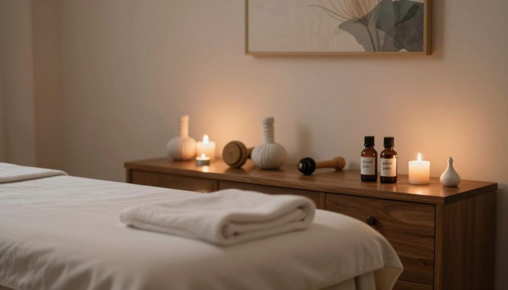 A serene yet slightly unsettling massage therapy room, where contrasting sensations of comfort and discomfort intertwine. In the foreground, an elegant massage table with soft, neutral linens, accentuated by a few decorative candles casting a warm glow. In the middle, various massage tools scattered on a polished wooden surface, hinting at both good and bad experiences. A pair of well-worn essential oil bottles aligns with the theme of "good pain" versus "harmful pain." In the background, a calming, softly lit wall adorned with serene artwork and calming colors, creating a paradox of tranquility and tension. Desaturated colors emphasize a mood of reflection and unease, capturing the essence of a questionable massage experience. A serene yet slightly unsettling massage therapy room, where contrasting sensations of comfort and discomfort intertwine. In the foreground, an elegant massage table with soft, neutral linens, accentuated by a few decorative candles casting a warm glow. In the middle, various massage tools scattered on a polished wooden surface, hinting at both good and bad experiences. A pair of well-worn essential oil bottles aligns with the theme of "good pain" versus "harmful pain." In the background, a calming, softly lit wall adorned with serene artwork and calming colors, creating a paradox of tranquility and tension. Desaturated colors emphasize a mood of reflection and unease, capturing the essence of a questionable massage experience.