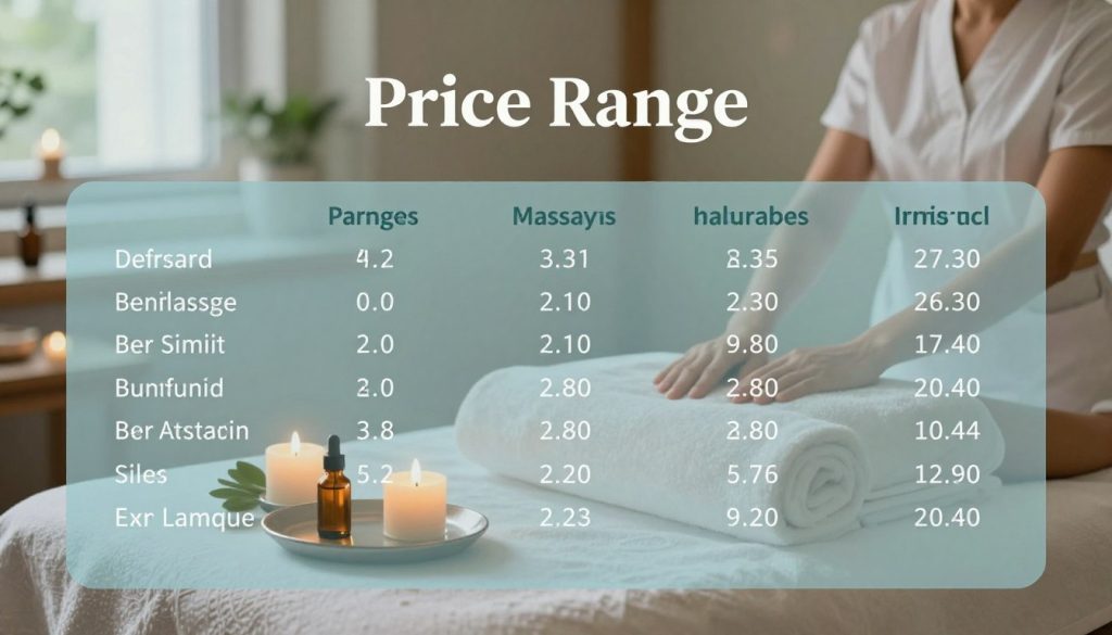 A visually engaging illustration representing the massage price ranges in Istanbul. In the foreground, include a sleek, elegant infographic or table displaying various massage prices in different categories, using calming colors like soft blues and greens. In the middle ground, depict a serene wellness environment with elements like candles, essential oils, and soft towels, conveying a sense of relaxation and professional service. The background should show a blurred view of a tranquil spa setting, with diffused soft lighting to create a soothing atmosphere. The focus should be on the price infographic while maintaining a harmonious and inviting vibe. Ensure the ambiance reflects a sense of professionalism and quality in massage services, promoting a sense of clarity and trust for potential customers. A visually engaging illustration representing the massage price ranges in Istanbul. In the foreground, include a sleek, elegant infographic or table displaying various massage prices in different categories, using calming colors like soft blues and greens. In the middle ground, depict a serene wellness environment with elements like candles, essential oils, and soft towels, conveying a sense of relaxation and professional service. The background should show a blurred view of a tranquil spa setting, with diffused soft lighting to create a soothing atmosphere. The focus should be on the price infographic while maintaining a harmonious and inviting vibe. Ensure the ambiance reflects a sense of professionalism and quality in massage services, promoting a sense of clarity and trust for potential customers.