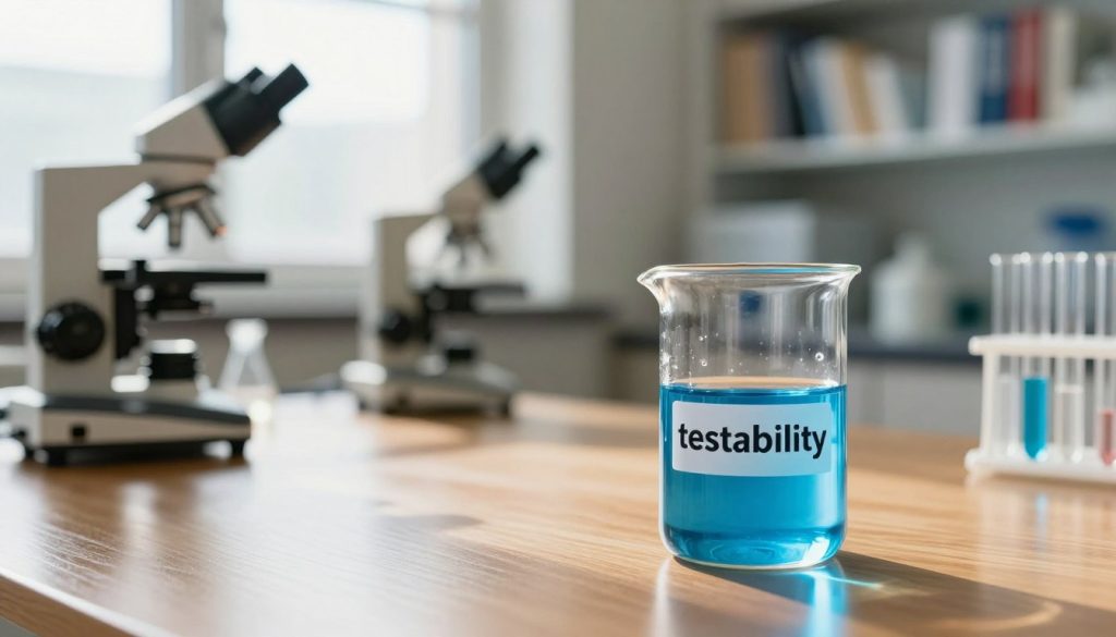 A visually striking representation of "testability" in alternative medicine. In the foreground, a transparent glass beaker filled with a vivid blue liquid, symbolizing scientific exploration, sits on a polished wooden table. In the middle ground, a laboratory setting with various testing equipment, such as microscopes and test tubes, creating a sense of inquiry and analysis. In the background, softly blurred shelves lined with books on evidence-based medicine, enhancing focus on the theme of reliability and scrutiny. The lighting is bright and natural, coming from a large window, casting soft shadows that evoke a sense of clarity and transparency. The atmosphere feels serious yet hopeful, conveying the quest for knowledge and the importance of evidence in health practices.