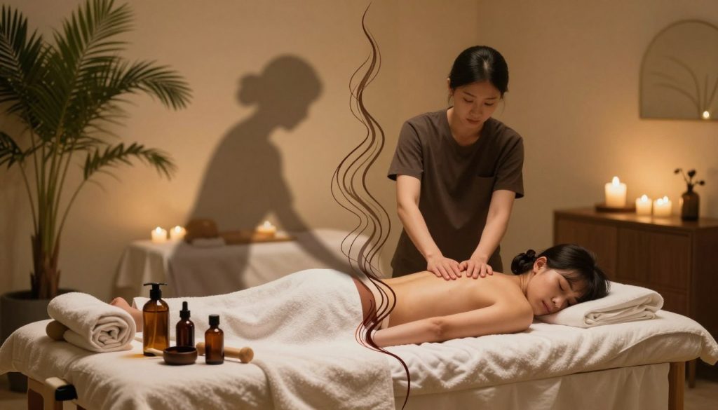 An abstract representation of "wrong massage type choice," featuring a split composition. In the foreground, a plush massage table adorned with various massage oils and tools, conveying a sense of disarray. In the middle ground, blurred silhouettes of different massage techniques—such as deep tissue and relaxation—illustrated as swirling lines that clash harmoniously. The background captures a serene spa environment, dimly lit with soft golden hues, lush plants, and calming decor, suggesting tranquility yet feeling somehow off-balance. The atmosphere evokes confusion and discomfort, highlighting the theme of misaligned expectations. The overall composition should be visually striking, with a focus on contrasting elements that emphasize the emotional discord of choosing an inappropriate massage. An abstract representation of "wrong massage type choice," featuring a split composition. In the foreground, a plush massage table adorned with various massage oils and tools, conveying a sense of disarray. In the middle ground, blurred silhouettes of different massage techniques—such as deep tissue and relaxation—illustrated as swirling lines that clash harmoniously. The background captures a serene spa environment, dimly lit with soft golden hues, lush plants, and calming decor, suggesting tranquility yet feeling somehow off-balance. The atmosphere evokes confusion and discomfort, highlighting the theme of misaligned expectations. The overall composition should be visually striking, with a focus on contrasting elements that emphasize the emotional discord of choosing an inappropriate massage.