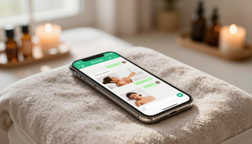 A close-up view of a smartphone displaying a WhatsApp conversation about booking a massage appointment. The smartphone is placed on a soft, stylish towel on a massage table, surrounded by calming decor such as aromatic candles and essential oils in the background. Natural light streams in from a nearby window, creating a warm and inviting atmosphere. The focus is on the smartphone screen, highlighting the chat interface with professional, clear images of massage services. Capture the serenity and professionalism of the setting, with a subtle bokeh effect in the background to emphasize the smartphone. The overall mood is tranquil and conducive to relaxation.