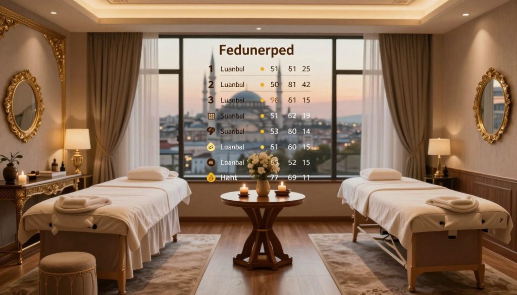 A detailed comparison of luxury and standard massage prices in Istanbul is depicted visually. In the foreground, two elegant massage therapy rooms are shown side by side: one luxurious, adorned with opulent decor, plush furnishings, and soft lighting; the other a more simple, minimalist room with basic massage tables and warm, inviting colors. The middle of the image features a subtle price comparison chart on an elegant wooden table, showing various pricing tiers for each type of massage, rendered artistically with icons or symbols rather than text. The background showcases a softly blurred skyline of Istanbul, hinting at the city’s rich culture. The lighting is warm and soothing, creating a calm and inviting atmosphere, emulating a spa experience.