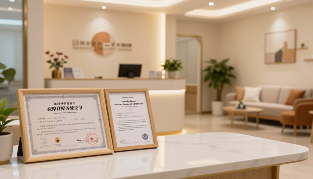 A detailed scene depicting a tranquil and organized massage center office with a focus on legal documents and certificates displayed prominently. In the foreground, a sleek desk is adorned with a framed massage therapy license, a business registration certificate, and a massage therapist's professional certification, all clearly visible. The middle ground features a softly lit reception area with calming decor, including indoor plants and soothing artwork on the walls. The background shows a well-maintained waiting area with comfortable seating, conveying professionalism and adherence to legal standards. The lighting is warm and inviting, giving the space a serene atmosphere. Captured with a slight depth of field, the image emphasizes the importance of legal compliance in the massage industry.