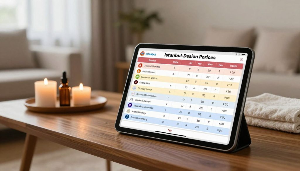 A detailed visual comparison chart depicting home massage service prices in Istanbul. The foreground features a sleek, modern digital tablet displaying a vibrant and colorful price list, with distinct categories and icons for various massage types, such as Swedish, deep tissue, and aromatherapy. The middle ground includes a stylish wooden table with a soothing ambiance, adorned with lit candles, essential oils, and soft towels, creating a relaxing environment. In the background, a blurred setting of a serene, upscale living room, with soft natural lighting filtering through sheer curtains, enhances the peaceful atmosphere. The overall mood is informative yet tranquil, emphasizing professionalism and comfort without any human subjects or text, ensuring a clean, sharp, and engaging image.