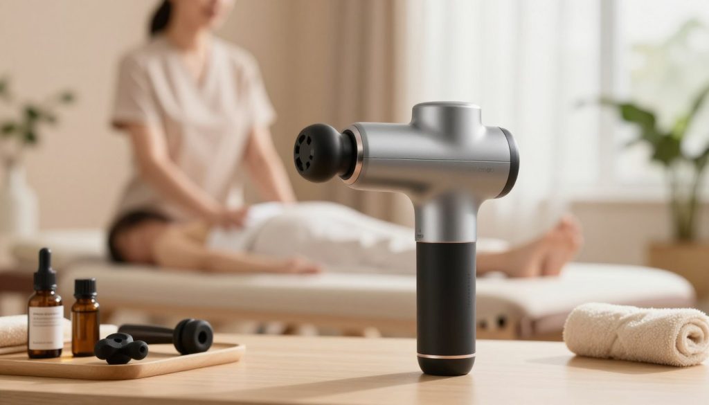 A modern Theragun therapy device positioned prominently in the foreground, showcasing its sleek design and ergonomic grip. The middle ground features a softly blurred massage therapist's workspace, including massage oil, towels, and various wellness tools. The background displays a serene, softly lit room with calming colors, filled with plants and natural light filtering through sheer curtains, creating an atmosphere of relaxation. Use a warm, inviting lighting setup that highlights the Theragun's features, with a shallow depth of field to keep the focus on the device. The overall mood conveys professionalism and tranquility, perfect for illustrating modern therapeutic approaches.