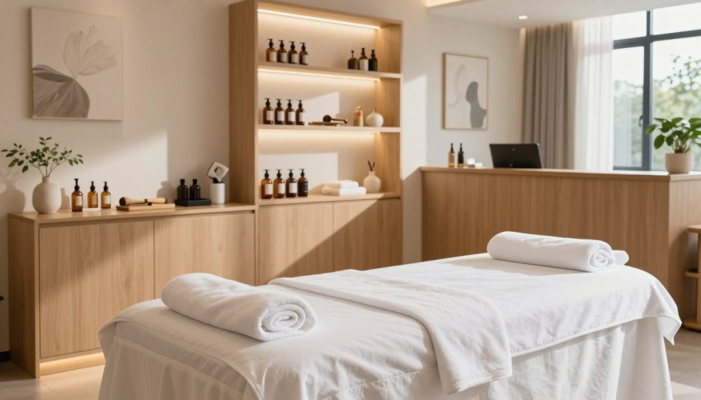 A modern massage salon interior reflecting high hygiene standards. The foreground features a pristine treatment table adorned with fresh towels and soft, clean linens, emphasizing the emphasis on cleanliness. In the middle, elegant wooden cabinets showcase neatly arranged massage oils and tools, while a well-organized reception area can be seen in the background. Soft, ambient lighting creates a calm and relaxing atmosphere, casting gentle shadows across the room. The walls are decorated with soothing artwork and plants that promote tranquility. Large windows allow natural light to filter in, enhancing the fresh and clean feel of the space. Overall, the scene conveys professionalism and comfort, ideal for an upscale massage therapy setting.