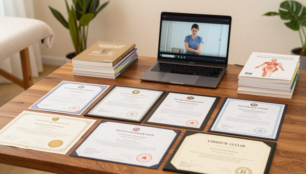 A professional workspace displaying an array of massage therapy certifications and training documents. In the foreground, well-organized certificates showcasing various achievements in massage therapy, elegantly framed. In the middle ground, a sleek wooden desk with a laptop open, reflecting a training video, and a stack of educational books about massage techniques and anatomy. The background features a calming room with soft lighting, decorated with plants and a tranquil atmosphere, evoking a sense of professionalism and trust. Use warm, inviting colors to create a sense of reassurance and competence, captured from a slightly elevated angle to encompass all elements clearly.