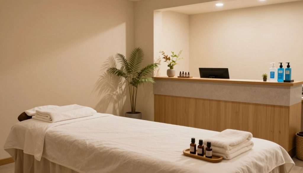 A secure and tranquil massage salon interior, featuring a peaceful ambiance. In the foreground, a beautifully arranged massage table with soft towels and essential oils neatly displayed. The middle ground shows serene decor with warm lighting, bamboo accents, and calming plants, reflecting a focus on relaxation and safety. The background reveals a clean reception area, complete with a safety station stocked with hand sanitizer and masks, emphasizing health precautions. Soft shadows are cast by gentle overhead lighting, creating a soothing atmosphere. The image should be shot from a slightly elevated angle to encapsulate the entire scene, promoting a sense of reliability and professionalism in wellness services.
