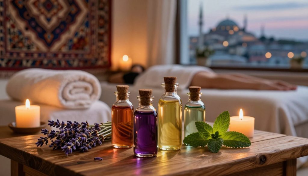 A serene Istanbul aromatherapy massage scene featuring an assortment of essential oils elegantly arranged on a wooden table. The foreground showcases glass bottles filled with richly colored oils such as lavender, eucalyptus, and peppermint, glistening softly. In the middle ground, a beautifully lit massage setup includes plush towels and aromatic candles flickering gently, casting warm shadows. The background offers a glimpse of an ornate Turkish tapestry or a scenic view of Istanbul’s skyline at dusk, creating a tranquil atmosphere. The lighting is warm and inviting, emulating a cozy spa environment, with a soft focus to enhance the calm ambiance. The overall mood conveys relaxation and wellness.