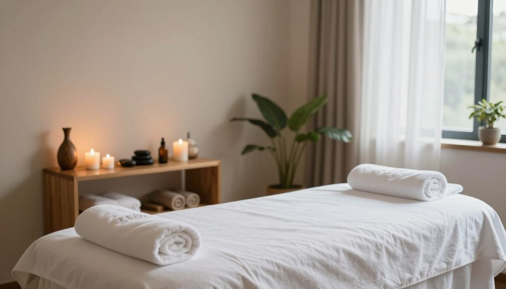 A serene and calm massage therapy room, with soft, ambient lighting that creates a tranquil atmosphere. In the foreground, a neatly arranged massage table draped with fresh white linens, surrounded by neatly organized towels and essential oils in decorative bottles. In the middle ground, a small wooden shelf filled with various massage-related items, like stones and aromatic candles, enhancing the peaceful vibe. The background features a large window with sheer curtains allowing natural light to filter in, illuminating plants that add a touch of nature. The overall mood is one of relaxation and professionalism, reflecting the challenges of pricing disputes and hidden fees in massage services without depicting any human presence. The composition captures the essence of a massage space, emphasizing the need for clarity and transparency in services offered.
