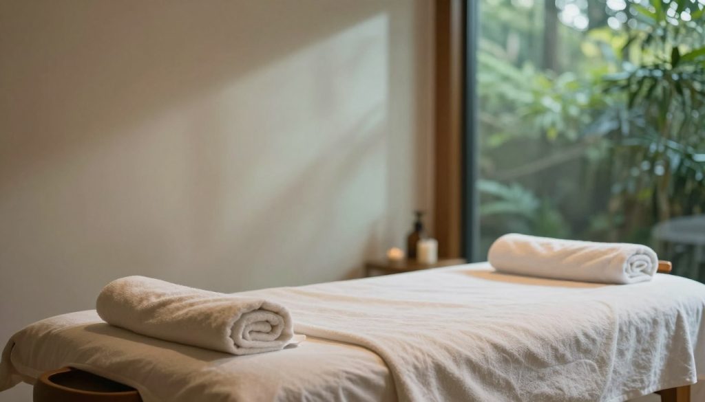 A serene and calming image illustrating the concept of energy level changes after a massage session. In the foreground, a soft, inviting massage table with neatly arranged towels and oil, conveying a sense of relaxation. In the middle ground, visualize a tranquil room with gentle ambient lighting, creating a warm and soothing atmosphere. Soft shadows cast on the walls, infused with subtle hues of blue and green, suggesting a rejuvenating energy flow. In the background, a peaceful nature scene can be seen through a large window, symbolizing harmony and renewal. The overall mood is one of tranquility and revitalization, capturing the essence of post-massage energy transformation without any human figures or text elements.