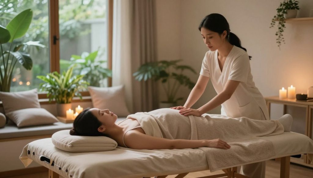 A serene and calming massage therapy setting, designed specifically for pregnant women, showcasing the concept of physical relaxation during pregnancy. In the foreground, an elegant massage table is adorned with soft, neutral-colored linens, surrounded by gentle, ambient lighting. The middle ground features a tranquil space with lush greenery, soothing candles, and plush cushions that evoke a sense of comfort. In the background, a softly lit room with large windows allows natural light to filter in, casting a warm glow. The atmosphere is peaceful and inviting, promoting relaxation and well-being, with an emphasis on the benefits of pregnancy massage. The overall mood is nurturing and serene, perfect for expecting mothers seeking comfort and relief.