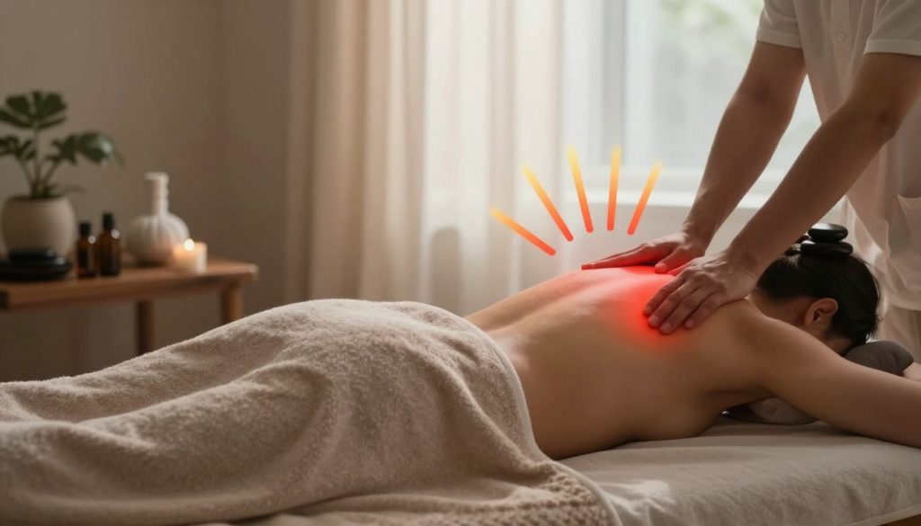 A serene and calming scene depicting the concept of post-massage discomfort. In the foreground, a soft, plush massage table is set with a cozy towel draped over it. Nearby, essential oil bottles and hot stones hint at a recent massage session. In the middle ground, abstract representations of pain signals, such as radiating lines or color gradients, symbolize discomfort, evoking sensations in the shoulders and lower back. The background features a tranquil spa environment with dimmed lighting, soft diffused natural light filtering through sheer curtains, and gentle plant decor, fostering a peaceful atmosphere. The overall mood should convey a sense of awareness about post-massage signs, blending calmness with a subtle reminder of the body's sensations.