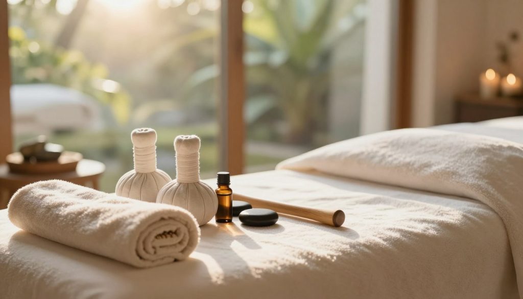 A serene and calming spa environment showcasing the role of massage in complementary medicine. In the foreground, a beautifully arranged massage table adorned with soft towels and essential oils. In the middle ground, various massage tools like stones, wooden sticks, and massage balls are artistically placed, emphasizing their importance in therapy. The background features a tranquil nature scene seen through a large window, with soft sunlight filtering in, creating warm highlights and gentle shadows throughout the space. The atmosphere feels peaceful and inviting, promoting relaxation and wellness. The composition should focus on depth, using a slight depth of field to emphasize the massage tools in the foreground while softening the background, creating a harmonious and supportive ambiance for therapeutic practices.