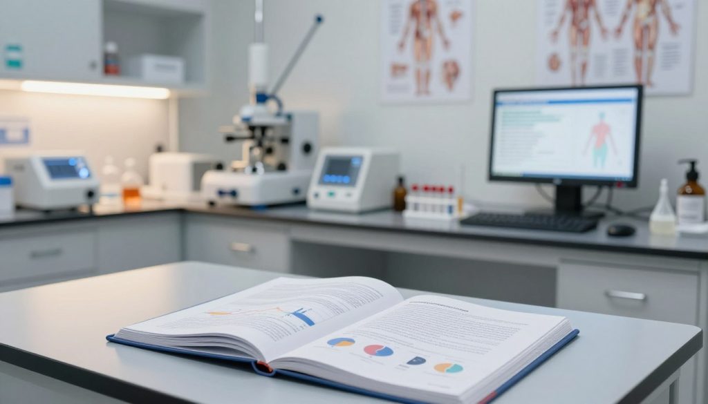 A serene and clinical setting illustrating the scientific evidence behind massage therapy. In the foreground, a sleek table with an open medical journal displaying graphs and research articles about massage therapy outcomes. In the middle, a sophisticated laboratory with medical instruments, test tubes, and a digital screen showing statistical results related to massage therapy's effectiveness. The background features a bright and clean environment with medical illustrations of the human body, anatomical charts, and ambient lighting that casts a warm and inviting glow. The overall atmosphere should feel professional and informative, emphasizing the blend of science and therapy. Camera angle captures the scene from a slightly elevated perspective, highlighting the detailed elements as an engaging visual representation of clinical research findings.