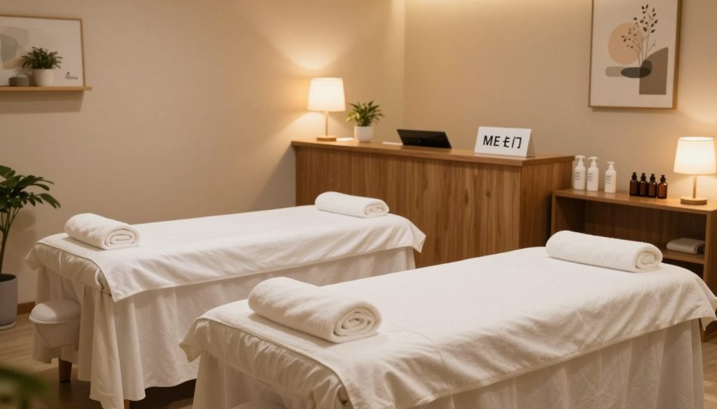 A serene and immaculate massage salon interior, showcasing hygiene and safety standards. In the foreground, sleek massage tables neatly covered with fresh linen, surrounded by well-organized towels and essential oils. The middle ground features a warm wooden reception desk with sanitizers and cleanliness signage prominently displayed. The background includes soft ambient lighting from elegant lamps, with tasteful decor like potted plants and calming artwork, creating a tranquil atmosphere. The angle is slightly wide, capturing the harmonious layout of the space. The overall mood is calm and inviting, emphasizing professionalism, cleanliness, and comfort, ensuring a safe environment for clients.
