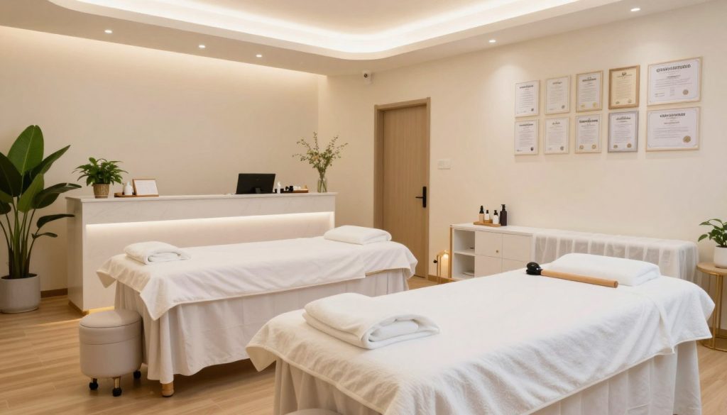 A serene and immaculate massage salon interior that emphasizes hygiene standards and professional practices. In the foreground, a neatly arranged massage table with clean linens and professional tools. In the middle ground, a bright and inviting reception area showcasing elegant decor and fresh plants, accentuating cleanliness. In the background, soft lighting creates a calming atmosphere, while a decorative wall displays certificates and hygiene standards, symbolizing professionalism. Use a wide-angle lens to capture the spaciousness of the salon, ensuring all elements are well-lit and clear. The color scheme should feature soft, soothing tones to evoke tranquility, conveying a sense of safety and comfort for clients seeking massage services.