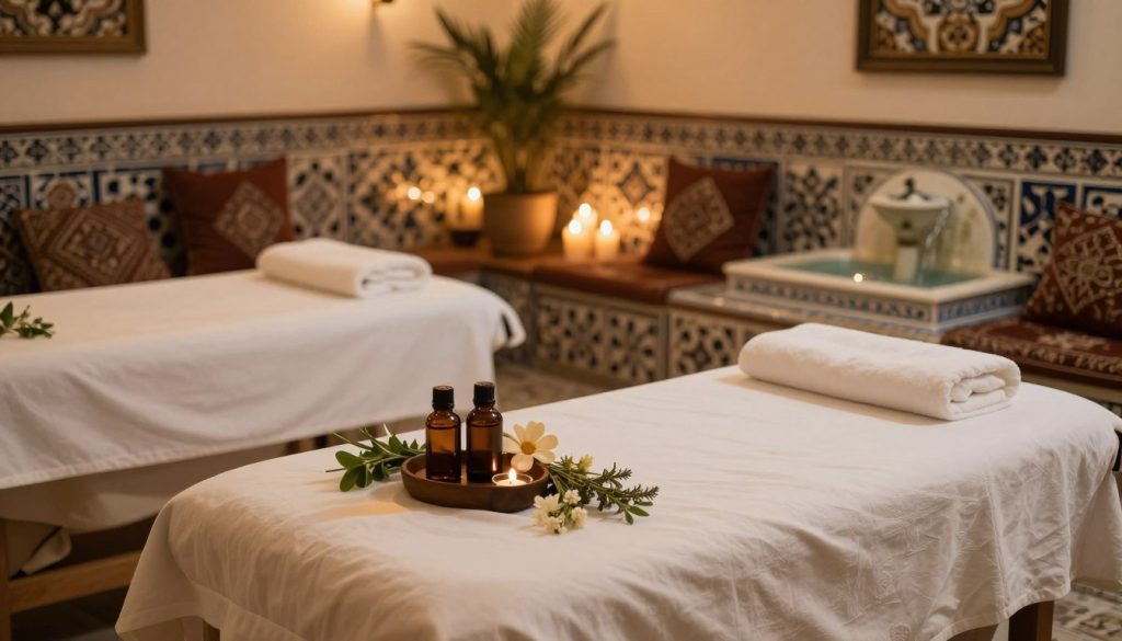 A serene and inviting Istanbul spa center showcasing an aromatherapy massage setting. In the foreground, display elegant massage tables adorned with soft white linens and aromatic oils displayed in glass bottles, surrounded by fresh herbs and flowers. In the middle ground, include calming elements such as warm lighting, flickering candles, and a water fountain that adds a soothing ambiance. The background should feature traditional Turkish decor, like ornate tiles and plush cushions, creating a peaceful atmosphere. Use soft, warm lighting to evoke relaxation and tranquility, with a slightly blurred focus to enhance the serene mood. Capture this scene from a slightly elevated angle to provide a comprehensive view of the relaxing treatment space.
