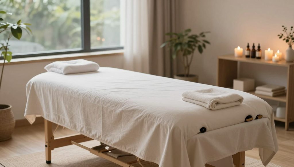 A serene and inviting home massage setting with a neatly arranged massage table in a softly lit living room. The focal point is the massage table draped with a clean, light-colored sheet, surrounded by soothing candles and aromatic oils displayed elegantly on a nearby shelf. In the background, large windows allow natural light to filter in, casting a warm glow and highlighting indoor plants that add a touch of tranquility. Soft, neutral tones dominate the color palette to create a calming atmosphere, while subtle textures in the furnishings evoke comfort. The scene conveys relaxation and wellness, inviting viewers to imagine the benefits of in-home massage services without any human figures present, maintaining a peaceful and professional ambiance.