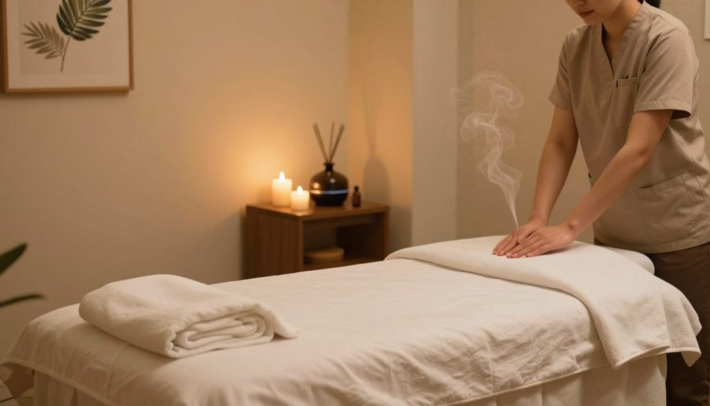 A serene and inviting indoor massage therapy room showcasing a professional massage setup. In the foreground, a neatly made massage table draped with clean, soft linens, surrounded by calming elements such as aromatic candles and essential oils. The middle ground features a gentle ambiance with warm, soft lighting casting a cozy glow, while a diffuser releases a delicate mist of essential oils into the air. The background reveals a tastefully decorated wall with soothing artwork and greenery to enhance relaxation. The overall atmosphere should feel peaceful and trustworthy, evoking a sense of reliability in choosing a massage therapist. Emphasize warm tones and a harmonious design that reflects wellness and comfort.