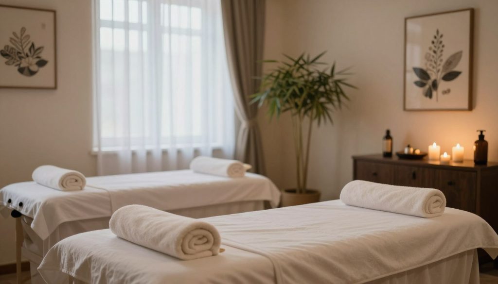 A serene and inviting interior of a high-quality massage salon located in Ümraniye, showcasing a tranquil atmosphere. In the foreground, a professional massage table is arranged with fresh towels and aromatic oils, emphasizing cleanliness and comfort. The middle ground features softly glowing candles and elegant decor, such as bamboo plants and soothing art pieces on the walls, creating a holistic vibe. The background highlights large windows with sheer curtains, allowing natural light to filter through, enhancing the calming ambiance. The lighting is warm and soft, casting gentle shadows. The overall mood is peaceful and relaxing, conveying a sense of luxury and professionalism in massage services. No human subjects are present, maintaining a focus on the environment.