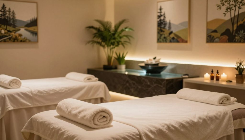 A serene and inviting interior of a massage salon in Ataşehir, showcasing an elegant, modern design. In the foreground, a beautifully arranged massage table with soft, fluffy towels and aromatic oils, illuminated by gentle warm lighting. The middle ground features a calming water feature, surrounded by green plants, creating a tranquil atmosphere. In the background, serene wall art depicting nature and relaxation themes. The overall mood is peaceful and soothing, aimed at conveying relaxation and comfort. The scene is captured in soft focus to enhance the sense of tranquility, with warm lighting evoking a welcoming ambiance. The angle is slightly elevated, providing a comprehensive view of the entire space without any human presence.