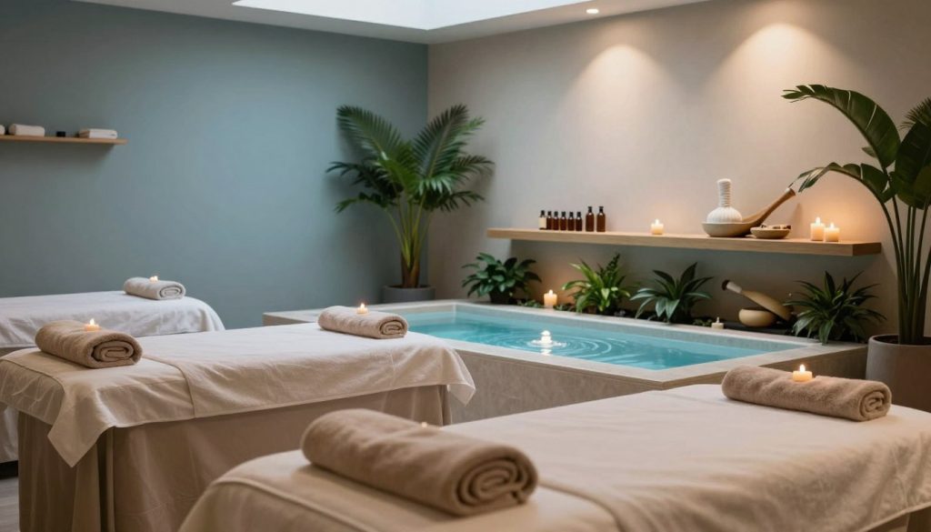 A serene and inviting interior of a professional spa and wellness center in Ataşehir, featuring calm colors like soft blues and earth tones. The foreground includes elegant treatment beds adorned with plush towels and candles, creating a tranquil setting. In the middle, display a soothing water feature with gentle ripples, surrounded by lush indoor plants for a touch of nature. The background reveals soft lighting from overhead fixtures that cast a warm glow throughout the space. Incorporate peaceful elements such as aromatic oils and massage tools artistically arranged on a wooden shelf. The overall atmosphere should evoke relaxation and rejuvenation, embodying a high-end spa experience. Focus on capturing the essence of serenity and professionalism without including any human figures or text elements.