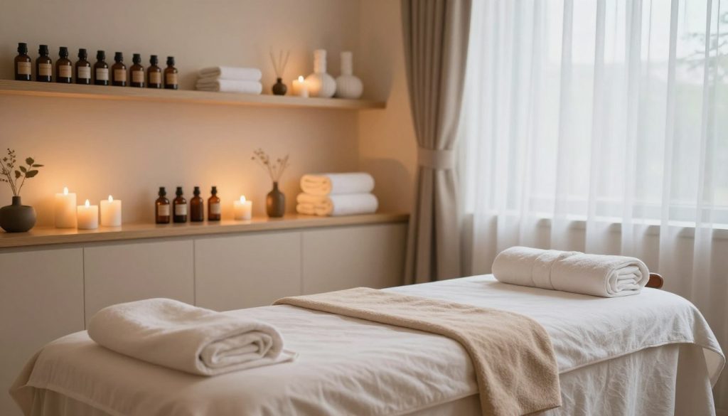 A serene and inviting massage center interior, featuring a tranquil room with soft ambient lighting and soothing colors. In the foreground, a beautifully arranged massage table with plush linens and tranquil decor. The middle section showcases shelves with aromatherapy oils, candles, and fresh towels neatly organized, creating an atmosphere of relaxation and professionalism. In the background, a softly illuminated window with sheer curtains allows natural light to filter in, enhancing the peaceful vibe. The scene conveys a sense of quality and trust, suitable for patrons seeking a reliable massage experience. The overall composition reflects calmness and comfort, inviting viewers to envision the ideal massage therapy setting.