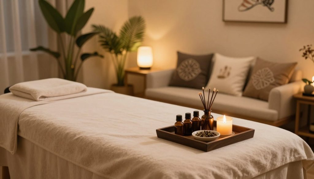 A serene and inviting massage consultation room, featuring a luxurious massage table draped in soft, plush linens. In the foreground, a beautifully arranged tray with essential oils, candles, and aromatic herbs, creating a tranquil atmosphere. The middle ground showcases a cozy seating area with elegant decor, such as lush plants and artfully placed cushions, enhancing the feeling of relaxation. The background reveals softly glowing ambient lighting, with warm hues illuminating the space, suggesting comfort and tranquility. The scene conveys a sense of personalized care, reflecting the essence of luxury versus standard massage experiences. The image style is realistic, utilizing soft focus and warm lighting to evoke a calm, soothing mood.